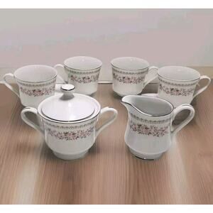 Rare Alexandria Diamond China 7 pc Tea Set Cherry Blossom+Platinum Japan 1940-49